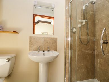 A bathroom with a toilet a pedestal sink a mirror above the sink and a shower with glass doors at Westhayes in Camelford