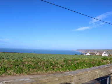 A coastal farmland view with houses near the cliffs and ocean at Kerensa ha-Kres in Sennen