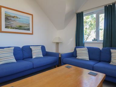 A living room with two blue sofas with striped cushions a wooden coffee table a window with blue curtains and a framed coastal painting on the wall at Penhaven in Crackington Haven