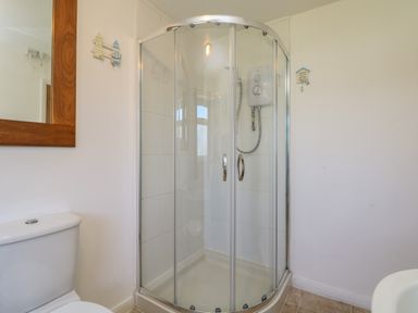 A bathroom with a corner shower enclosure toilet and a wooden framed mirror at Penhaven in Crackington Haven