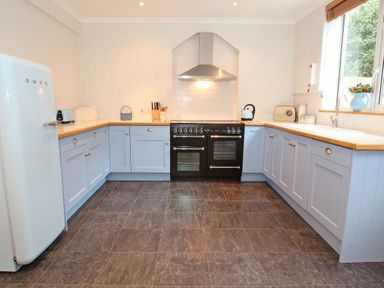 A kitchen with blue cabinets a black stove a white fridge and a window with a vase of flowers at Porthcurno Bay View in Porthcurno