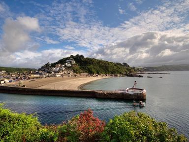 A coastal town with a beach a sea wall a boat and houses on a hill at Stocks Barn in Looe