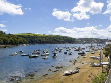 A river with many boats anchored and a sandy shore with some vegetation at Stocks Barn in Looe