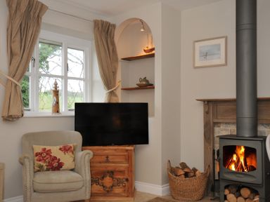 A living room with a tv and a wood burner at Stocks Barn Looe