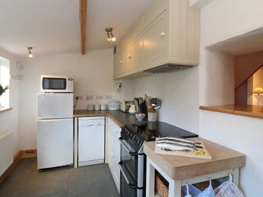 A kitchen with a refrigerator, microwave, dishwasher, stove, countertop appliances and a cutting board with fish at Halvosso in Falmouth
