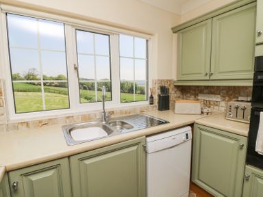 A kitchen with green cabinets a double sink dishwasher and a window overlooking a grassy field at Charlesworth in Braunton