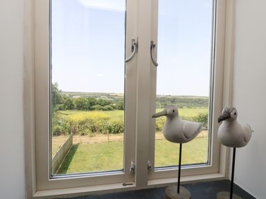 A window with two bird sculptures on the sill overlooking a green field and trees at Sundowner in Padstow