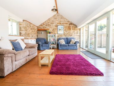 A living room with sofas a coffee table a purple rug and a bookshelf at The Old Barn in Sennen