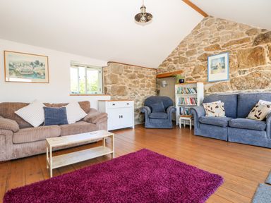 A living room with a brown sofa a blue armchair a blue couch a white cabinet a bookshelf and a purple rug at The Old Barn in Sennen