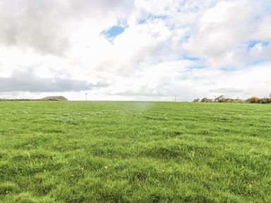 A green grassy field with a building and wind turbine in the distance at Barneys Barn in Sennen