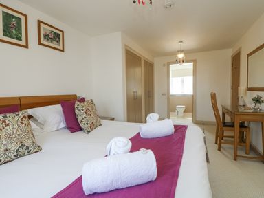 A bedroom with a bed and a desk at Ridgeback House in Mullion