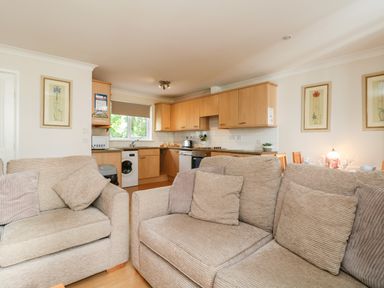 A living room with beige sofas and cushions facing a kitchen with wooden cabinets and appliances at Tre Pol Pen in Falmouth