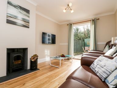 A living room with leather sofas a glass coffee table wall mounted television and a wood burning stove at Speedwell in Charlestown