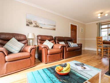 A living room with three brown leather armchairs a wooden coffee table with fruit and a book and a wooden dining table with chairs at Speedwell in Charlestown