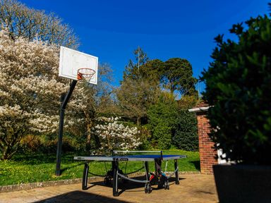 An outdoor area with a basketball hoop and a ping pong table surrounded by trees and bushes at Nairn in Braunton