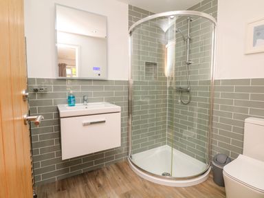 A bathroom with a curved glass shower enclosure a wall-mounted sink with a mirror and a toilet at Nairn in Braunton