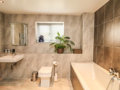 A bathroom with a bathtub toilet sink mirror plant and window at Lake View in Kingsand and Cawsand