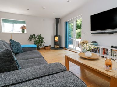 A living room with a gray sofa a wooden coffee table flowers a stove and a wall mounted television at Lake View in Kingsand and Cawsand