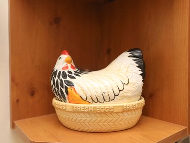 A ceramic hen-shaped container on a wooden shelf at Goslings in Bradford Holsworthy