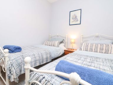 A bedroom with two single beds with blue blankets and pillows a bedside table with a lamp and a framed picture on the wall at Goslings in Bradford Holsworthy