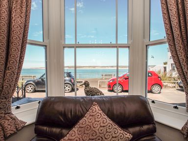 A seating area with patterned curtains and a pillow overlooking parked cars and a body of water at The Crab Shell in Appledore near Bideford