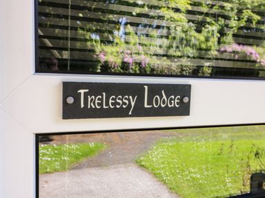 A door with a black nameplate reading Trelse Lodge and a garden path visible through the glass at Trelse Lodge in Llanteg near Amroth