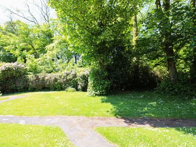 A garden with grass, trees, shrubs, and a gravel path at Trelessy Lodge Llanteg near Amroth