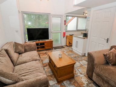A living room with a television and coffee table at Trelessy Lodge in Llanteg near Amroth