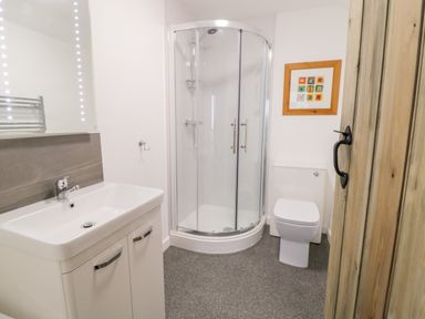 A bathroom with a white sink and cabinet a corner shower and a toilet at Tai Ucha in Cerrigydrudion