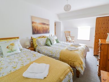 A bedroom with two beds a wooden chair a chest of drawers and a wardrobe at Tai Ucha in Cerrigydrudion