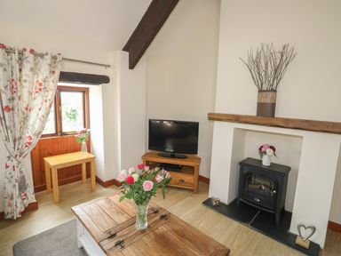 A living room with a wooden coffee table with flowers on it a small wooden table by a window a television on a stand and a fireplace with decorations at The Hayloft in St Neot near Dobwalls