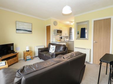 A living room with brown leather sofas a television on a wooden stand a small wooden side table and a kitchen area in the background at 21 Siesta Mar in Mundesley