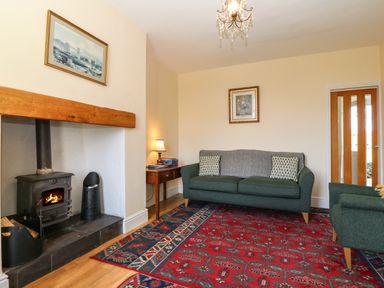 A living room with a red patterned rug a green sofa and armchair a wood burning stove and framed paintings at Ty Mawr in Llanddaniel Fab