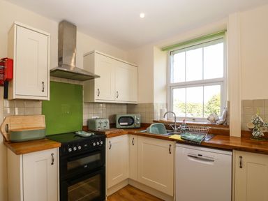 A kitchen with a black oven, green toaster and microwave, wooden countertops, white cabinets, a sink under a window and a dishwasher at Ty Mawr in Llanddaniel Fab