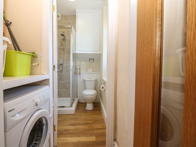 A small bathroom with a washing machine a toilet a shower and cleaning supplies at Ty Mawr in Llanddaniel Fab