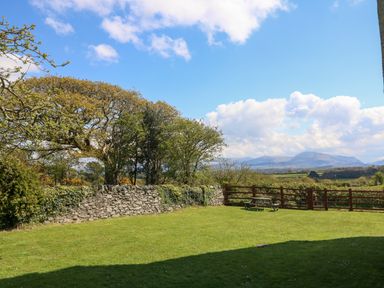 A grassy lawn with a stone wall and trees under a blue sky at Ty Mawr in Llanddaniel Fab