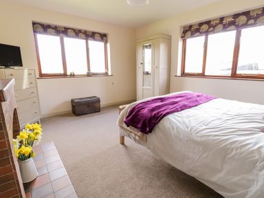 A bedroom with a bed covered with white and purple blankets two windows a white wardrobe brown trunk a cream chest of drawers and a vase of yellow flowers at The Alders in Llanfyllin