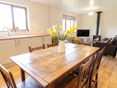 A dining table with chairs and a vase of flowers in a room with a kitchen area and a living space with sofas a television and a fireplace at The Alders in Llanfyllin