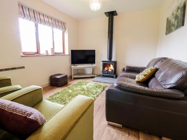A living room with a wood burning stove a brown leather sofa green armchairs a television and a green rug at The Alders in Llanfyllin