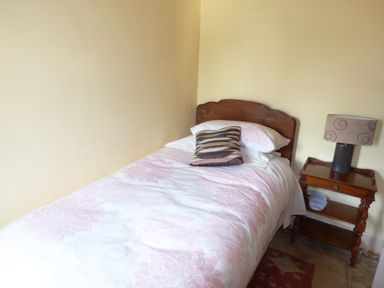 A single bed with a floral duvet and pillows next to a wooden bedside table with a lamp at Maifield in Carrick-On-Suir County Tipperary
