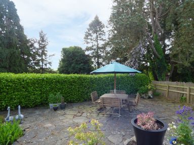 An outdoor patio with a wooden table and chairs under a blue umbrella surrounded by trees and potted plants at Maifield in Carrick-On-Suir County Tipperary