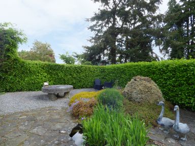 A garden with a stone table, green hedge, various plants, two stone bird statues, and two dark chairs at Maifield in Carrick-On-Suir County Tipperary