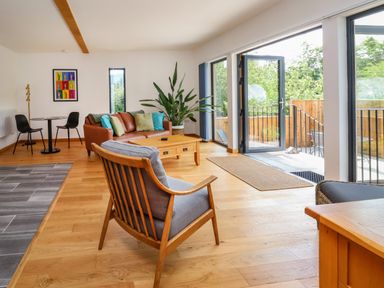 A living room with a wooden armchair a brown sofa a wooden coffee table and a small dining table with two black chairs at No1 The Lodge in Acton near Bishops Castle