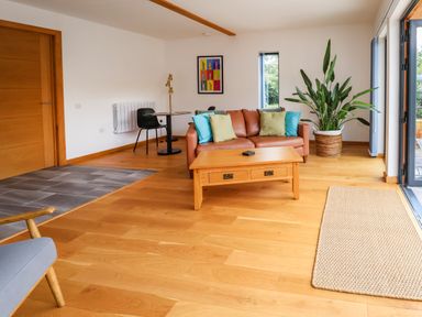 A living room with a brown sofa with cushions a wooden coffee table a black chair a small round table a large plant and wooden flooring at No1 The Lodge Acton near Bishops Castle