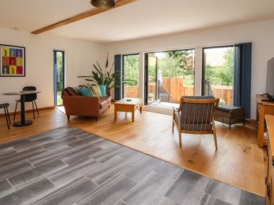 A living room with a brown sofa and blue chair facing a coffee table and television at No1 The Lodge in Acton near Bishops Castle