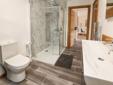 A bathroom with a toilet shower with glass doors and a sink at No1 The Lodge in Acton near Bishops Castle
