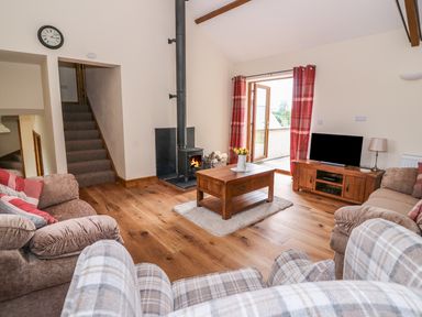 A living room with sofas a wood burning stove and a television at Pentre Fach in Llandrindod Wells