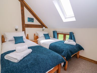 A bedroom with two single beds blue blankets and pillows under a skylight window at Pentre Fawr in Llandrindod Wells