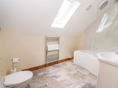 A bathroom with a toilet a towel rack a bathtub with a glass screen and a skylight at Pentre Fawr in Llandrindod Wells