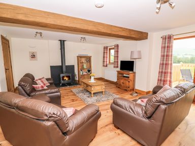 A living room with leather sofas a wood burning stove and wooden furniture at Pentre Fawr in Llandrindod Wells